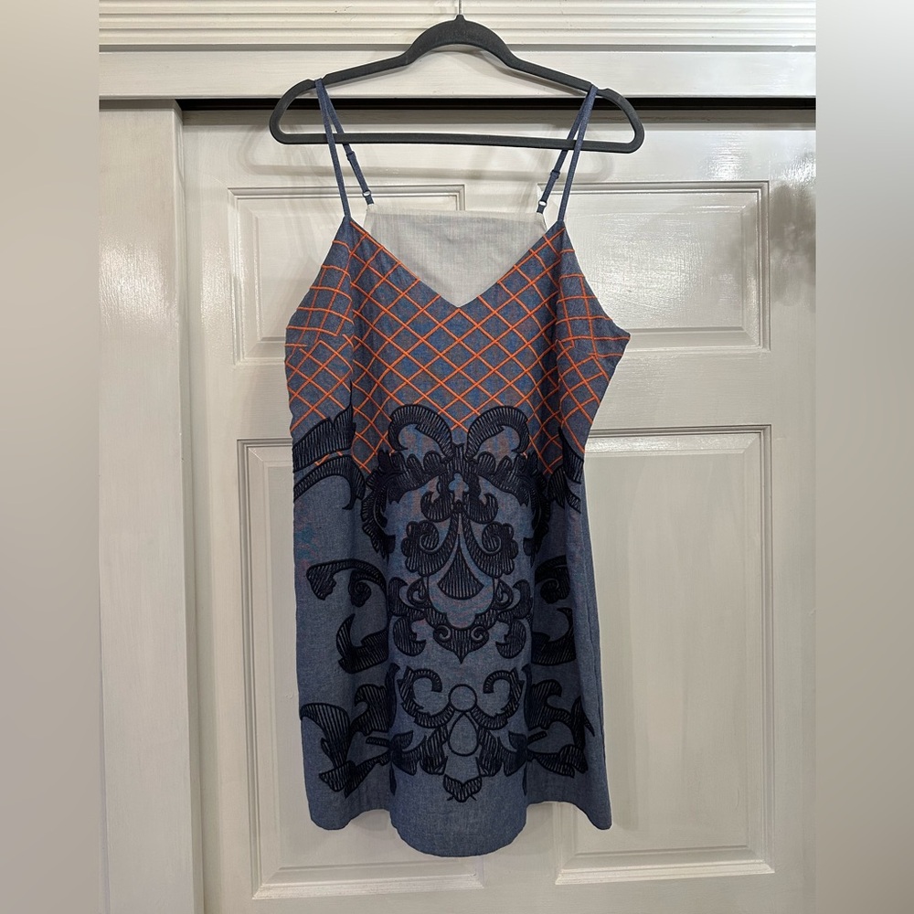 Jealous Tomato Womens L Blue Spaghetti Strap Orange & Blue Embroider Dress
